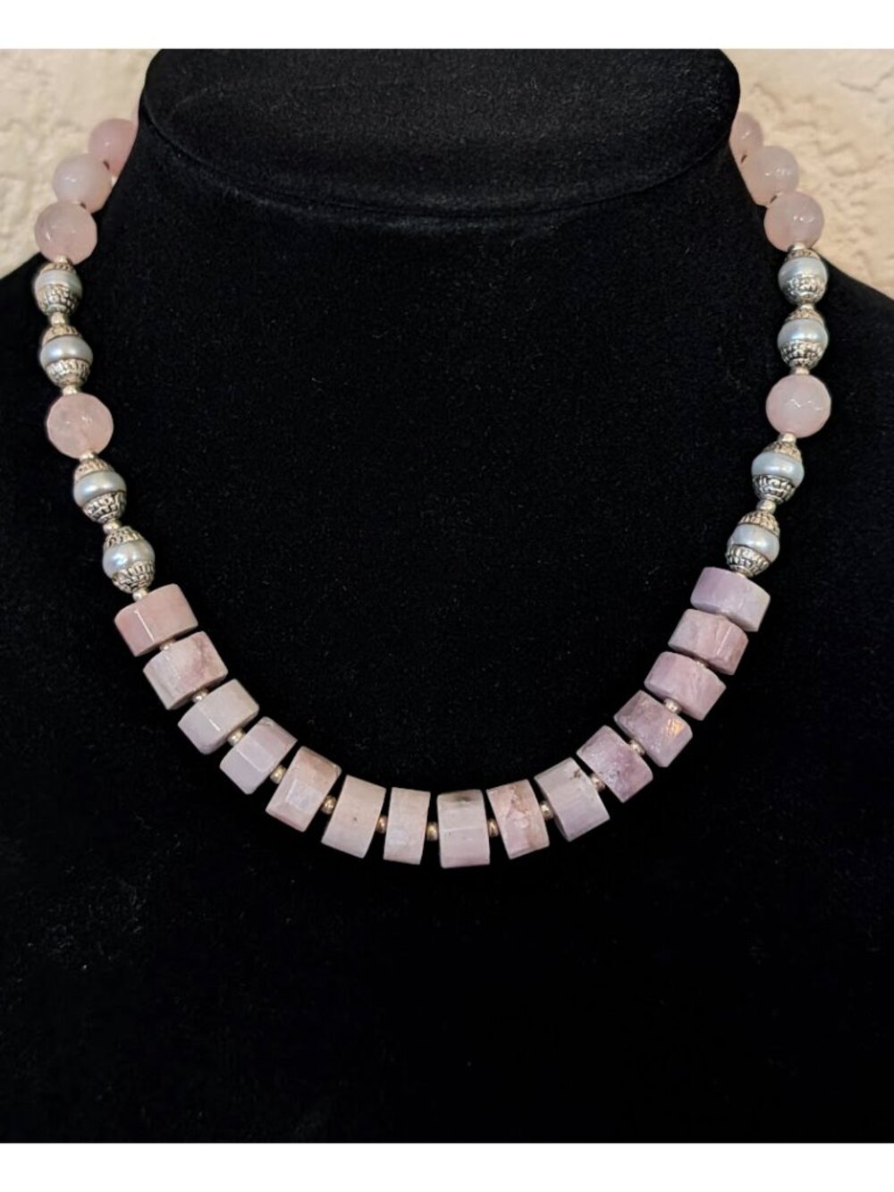 Elegant Blush Pink Kunzite & Rose Quartz Silver Tibetan Pearl Statement Necklace
